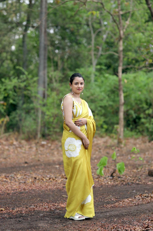 Yellow Ajrakh Primum Modal Silk Saree With Blouse