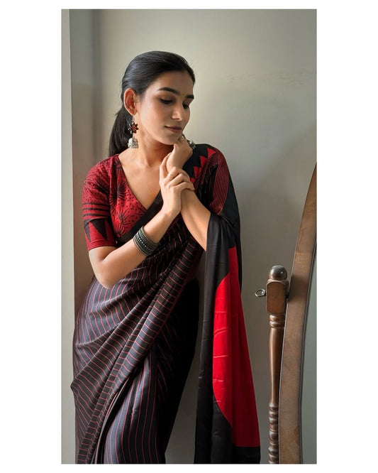 Black Red Line Ajrakh Primum Modal Silk Saree With Blouse