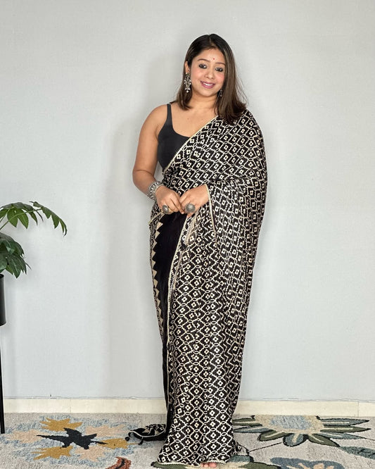 Black Ajrakh Primum Modal Silk Saree With Blouse